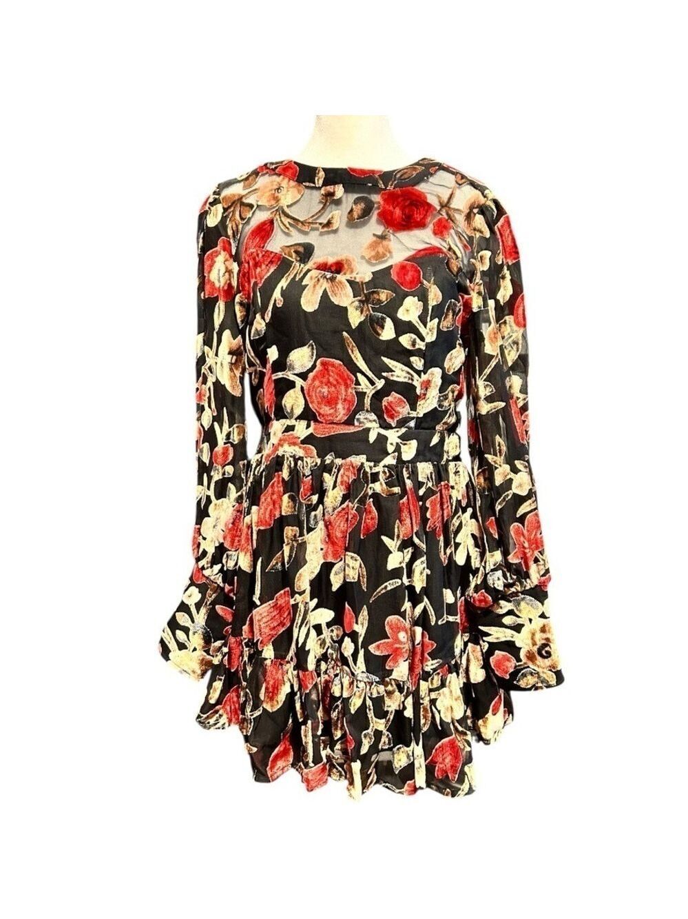 FATE Floral Burnout Mini Dress Velvet Floral Sheer Back and Sleeves BEAUTIFUL S